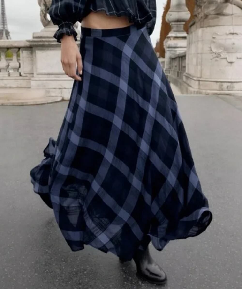 Zara Buffalo Plaid Midi Skirt Navy and Black A Line Pull On Lined Women's XS